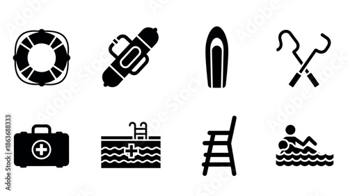 Set of lifeguard and pool safety icons in silhouette style