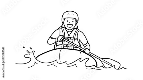 Happy adventurer kayaking on river with paddle helmet and life vest outline
