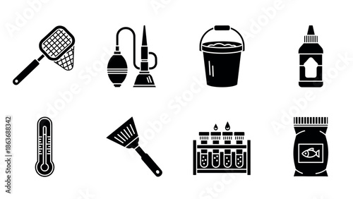 Fish tank tools and supplies: essential aquarium equipment silhouette icons