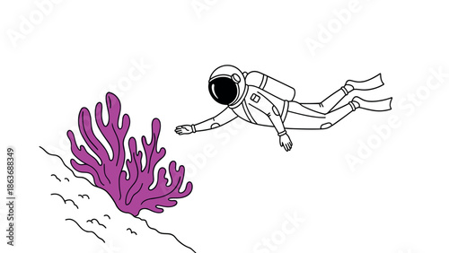 Astronaut exploring alien coral in outer space adventure