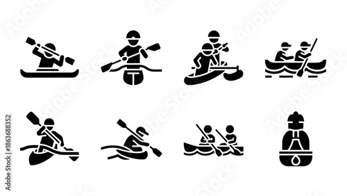 Silhouette icons of canoeing and kayaking adventures