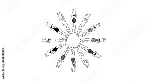 Circular formation of divers in linear style with minimalist black and white design