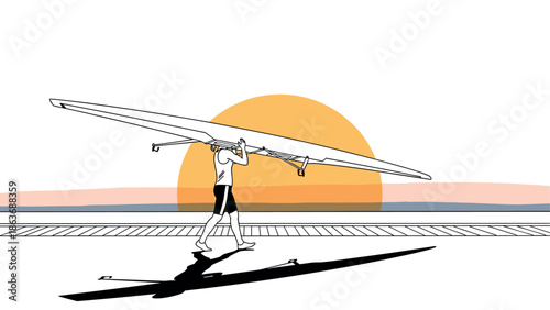 Athlete carrying rowing boat at sunset by the beach in linear style