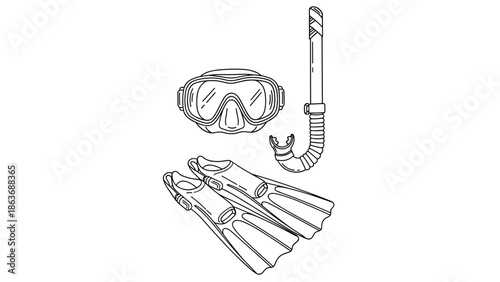 Scuba diving gear: mask, snorkel, and fins in detailed linear style
