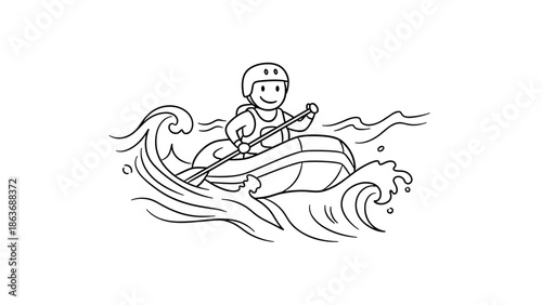 Rafting adventure: cartoon style line art of a smiling rafter conquering waves