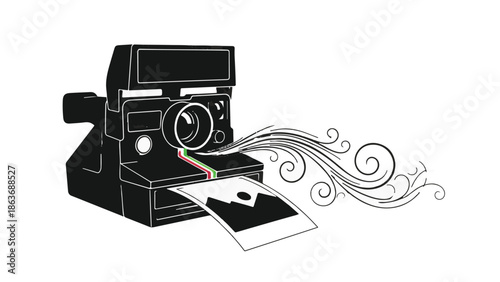 Vintage instant camera capturing memories with artistic swirls of creativity