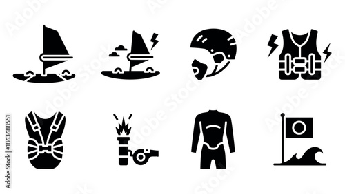 Sailing equipment silhouettes for water sports safety and adventure
