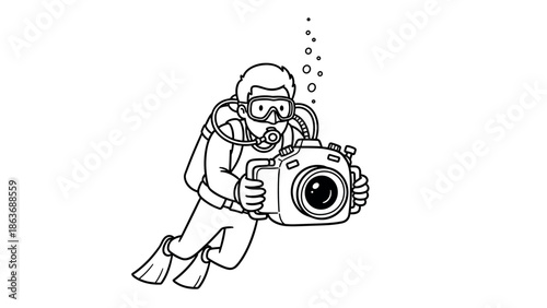 Diver capturing underwater moments in line art style