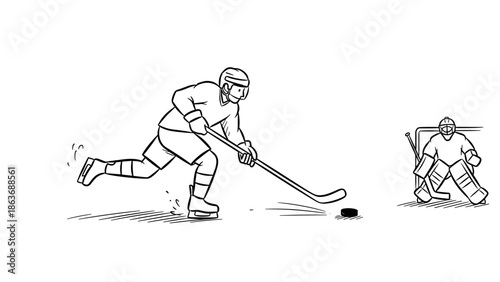 Hockey game action: player shooting puck with goalie in background in black and white