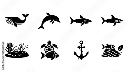 Marine life silhouettes: whales, sharks, dolphins, and more