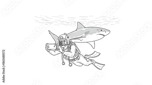 Diver taking a selfie with a shark in black and white line art