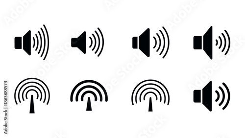 Sound and signal icons: minimalist speaker and broadcast symbols