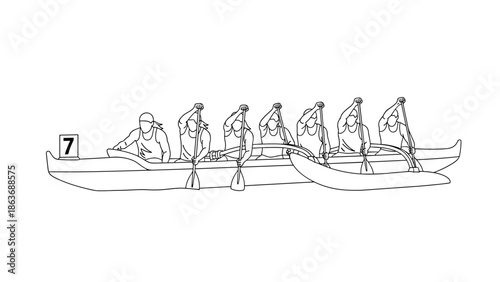Outline drawing of team paddling in canoe for racing event