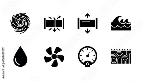Energy and engineering icons: black silhouette set with abstract symbols