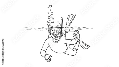 Diver taking selfie underwater in snorkeling gear line art