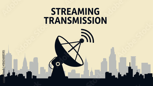 City silhouette with satellite dish for broadcasting and communication