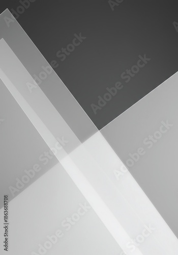 Abstract composition featuring overlapping frosted white and gray translucent panels creating subtle depth and minimalist shadows, light, modern, depth