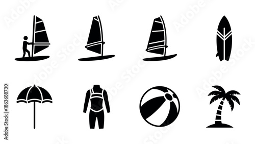 Beach activity icons in silhouette style featuring windsurfing and summer essentials