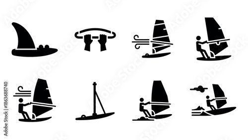 Windsurfing icons collection: minimalist black silhouettes of surfing scenes