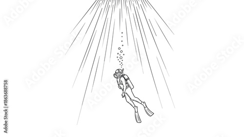 Diver in deep sea adventure with sun rays in black and white line art