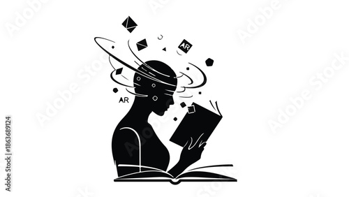 Silhouette of person reading a book with abstract shapes and lines orbiting their head, symbolizing imagination and knowledge.