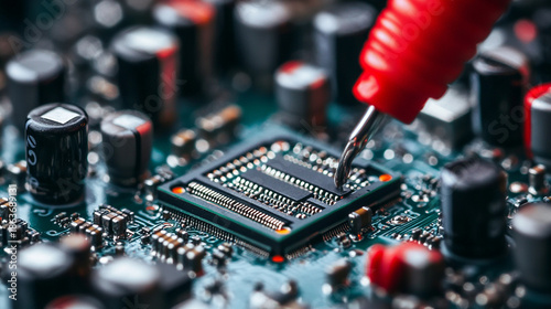 Close-up of soldering on an electronic circuit board, showing precision work, glowing solder joints, and detailed components in a technical and engineering environment.
