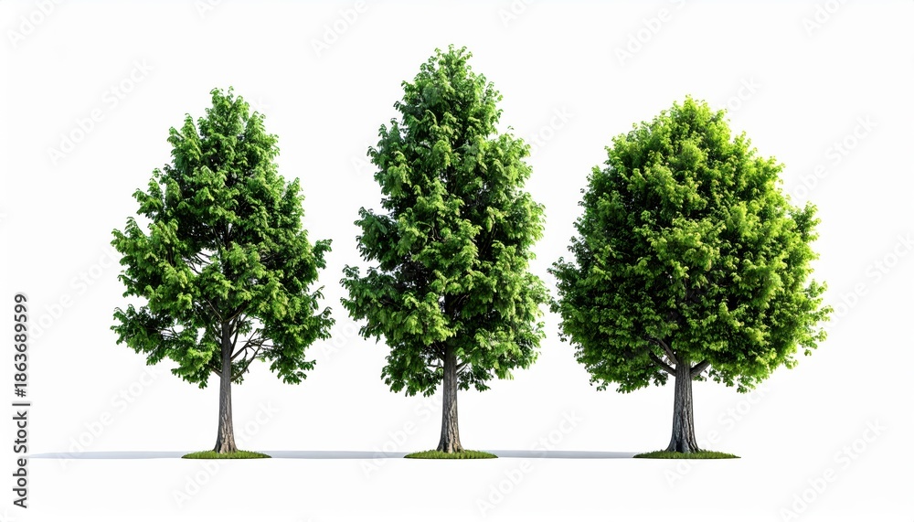 Obraz premium Three Green Trees Isolated on White, Nature, Foliage, Eco-Friendly