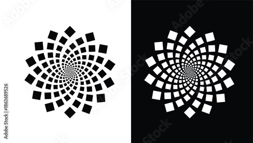 Black and white abstract vector illustration featuring a futuristic 3d tunnel design with a halftone dot pattern and spiral shape for a digital technology wallpaper backdrop
