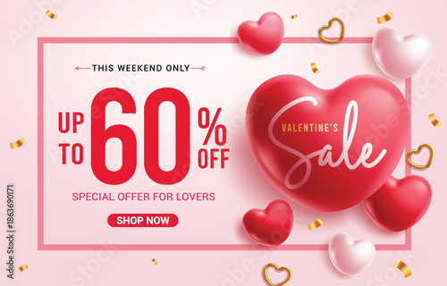 Valentine's day sale clipart banner. Valentine's day promotion discount banner with 60% off special offer for lovers shopping promo clip art with heart shape balloons template vector illustration.
