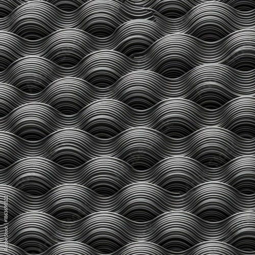 A high contrast monochromatic abstract featuring closely spaced, overlapping undulating lines that convey visual motion and steady repetition, energy, undulation, oscillation