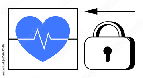 Health data security concept. Visual elements showing heart and lock protection of health information. Health data privacy, cybersecurity, and secure technology. For medical apps, secure devices