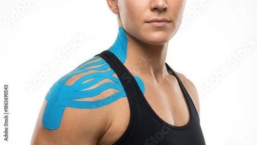 Wallpaper Mural Athlete shoulder with blue kinesiology tape for muscle recovery isolated on white background Torontodigital.ca