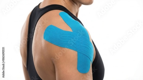 Athlete shoulder with blue kinesiology tape for muscle recovery isolated on white background