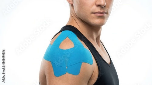 Athlete shoulder with blue kinesiology tape for muscle recovery isolated on white background