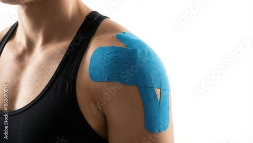 Athlete shoulder with blue kinesiology tape for muscle recovery isolated on white background