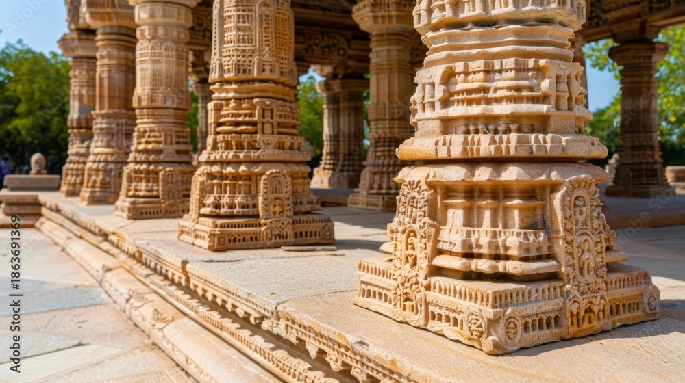 custom made wallpaper toronto digitalIntricate Stone Pillars and Carved Base of Historic Temple Structure under Bright Sunlight