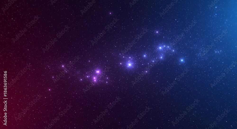 Fototapeta premium Abstract cosmic background featuring glittering dust particles glowing brightly against a deep violet and blue gradient. This vibrant digital texture, technology, science, lightspeed