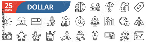 Dollar line editable icon set. Contain icons related to financial, asset, wealth, budget, investment, value, salary, pay, exchange, economy, profit