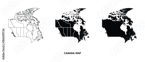 Canada map vector set with administrative regions in black and white, detailed country outline illustration