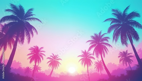 Wallpaper Mural Silhouettes of palm trees against a vibrant pastel sunset sky in tropical paradise. Rich foliage and exotic island scene with soft light and gradient colors. Torontodigital.ca