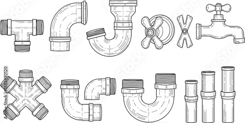 Plumbing Pipe Fittings Set Line Art Illustration with Valves Elbows and Connectors Vector