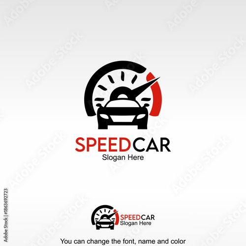 Speed Car Logo Template Design Vector. A car combined with a speedometer symbolizing vehicle speed, performance monitoring, and automotive technology.