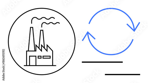 Factory with smoke emissions and arrows forming a recycling loop. Ideal for sustainability, production, environmental impact, circular economy, eco-friendly processes, waste reduction, simple flat