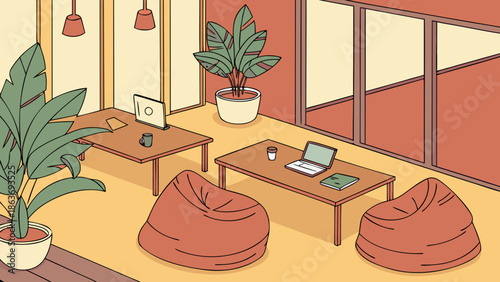 Illustration of a cozy office lounge with bean bags, coffee tables, and plants in a modern, minimalist setting with warm tones.