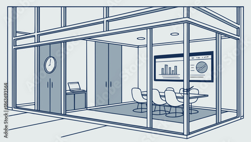 Line drawing of a modern glass-walled office meeting room with a table and chairs in a minimalist interior design.