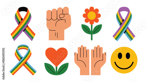 Symbolic Icons for a World of Peace and Love: A colorful set of emblems represents unity, hope, and support for all, evoking inclusivity and positivity. 