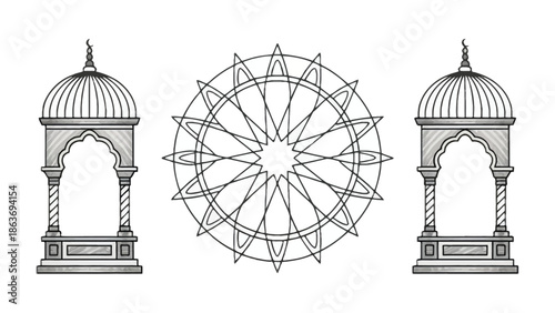 Geometric Elegance: Intricate geometric design, featuring two stylized gazebos flanking a central, symmetrical mandala. A harmonious blend of architectural detail and artistic symmetry.