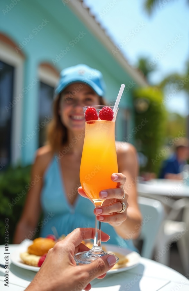 Fototapeta premium Woman cheers with bright orange cocktail topped with raspberries. Enjoying a sunny brunch outdoors at a cafe. Refreshing drink and food for a happy morning meal.