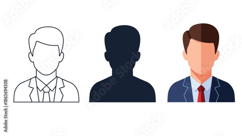 Set of three male business avatar icons outline, silhouette and full color illustration of professional man in suit