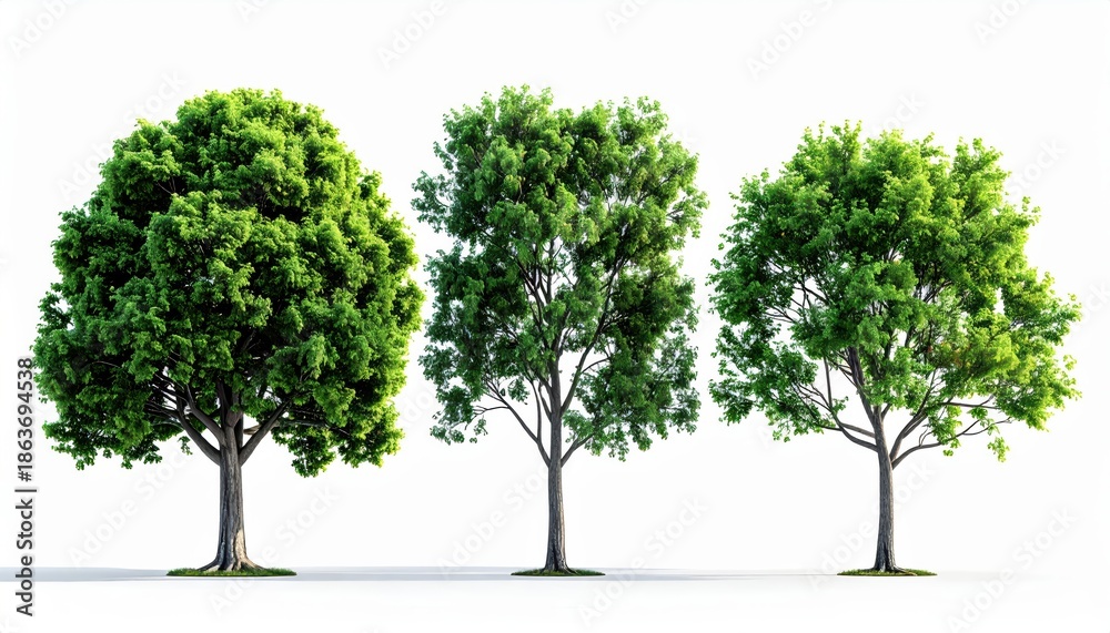 Fototapeta premium Three Green Trees on White Background, Forest, Nature, Isolated